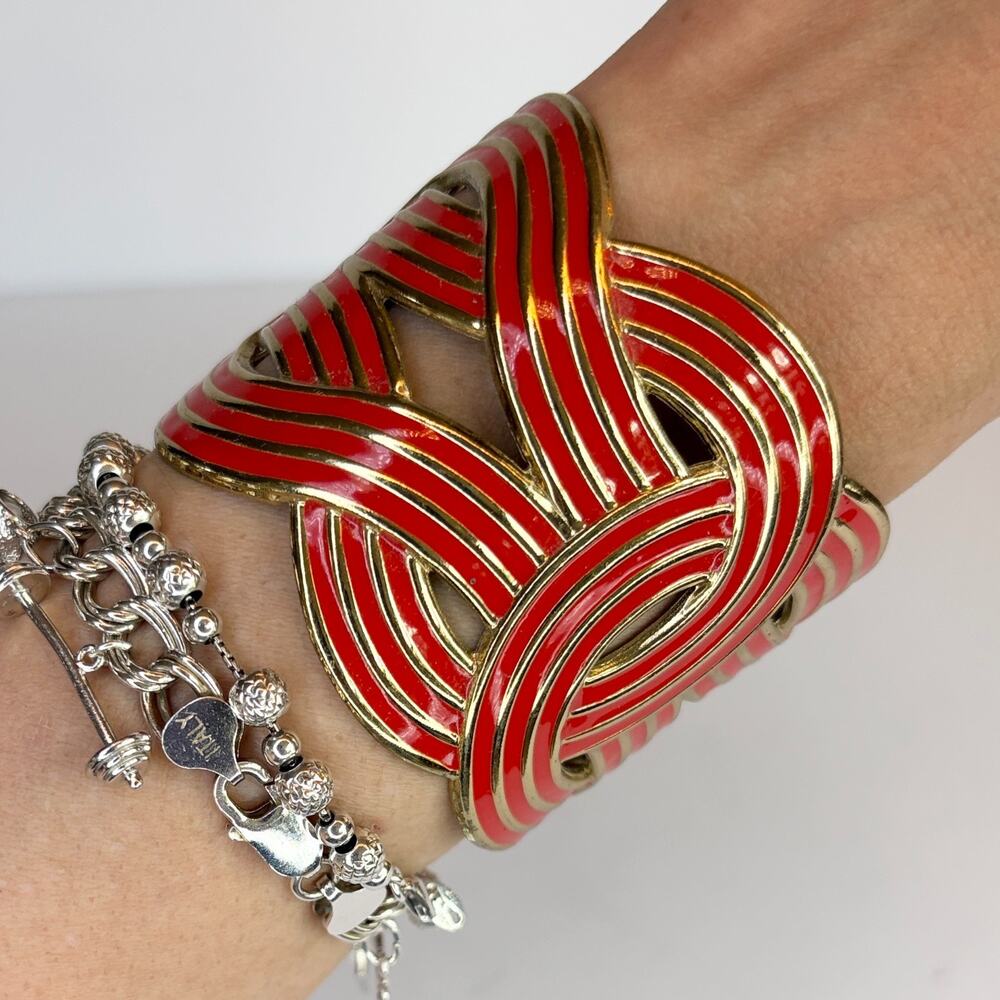 Enamel Cuff Bracelet Red Gold Tone Wide Statement Openwork Geometric Modernist